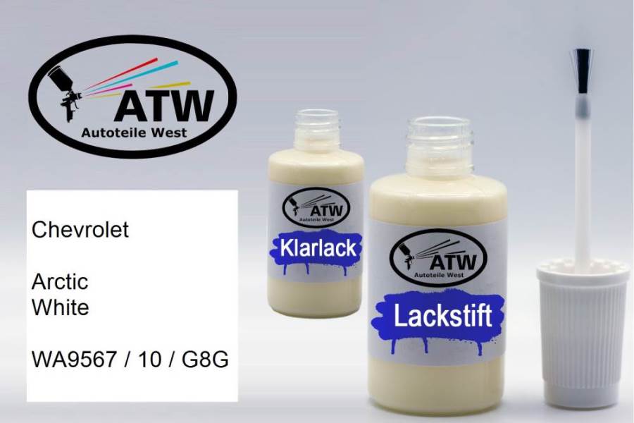 Chevrolet, Arctic White, WA9567 / 10 / G8G: 20ml Lackstift + 20ml Klarlack - Set, von ATW Autoteile West.